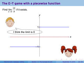 The E-T game with a piecewise function
          |x|
Find lim      if it exists.
       x→0 x
                                             y
                                             .
                                              .


   .                                      . .
                                          1
              .
              I think the limit is 0
          .                                   .                                           ..
                                                                                           x


                                       . 1.
                                       −


                                              .
                                                                             .
                                                                     .   .         .      .      .    .

 V63.0121.021, Calculus I (NYU)   Section 1.3 The Concept of Limit               September 14, 2010   22 / 39
 