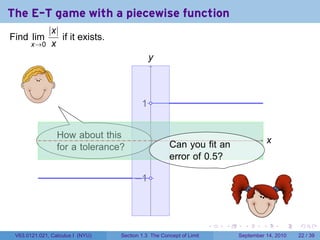 The E-T game with a piecewise function
          |x|
Find lim      if it exists.
       x→0 x
                                             y
                                             .
                                              .


   .                                      . .
                                          1

                 .
          .      How about this               .      .                                    ..
                                                     Can you fit an                        x
                 for a tolerance?
                                                     error of 0.5?

                                       . 1.
                                       −


                                              .
                                                                             .
                                                                     .   .         .      .      .    .

 V63.0121.021, Calculus I (NYU)   Section 1.3 The Concept of Limit               September 14, 2010   22 / 39
 