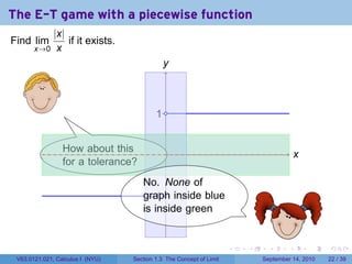 The E-T game with a piecewise function
          |x|
Find lim      if it exists.
       x→0 x
                                             y
                                             .
                                              .


   .                                      . .
                                          1

                 .
          .      How about this               .                                           ..
                                                                                           x
                 for a tolerance?
                                     .
                                     No. None of
                                       . 1.
                                       −
                                     graph inside blue
                                     is inside green

                                              .
                                                                             .
                                                                     .   .         .      .      .    .

 V63.0121.021, Calculus I (NYU)   Section 1.3 The Concept of Limit               September 14, 2010   22 / 39
 