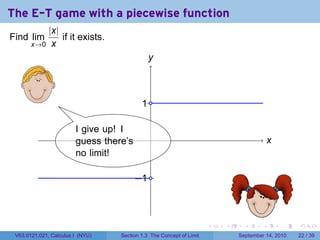 The E-T game with a piecewise function
          |x|
Find lim      if it exists.
       x→0 x
                                             y
                                             .
                                              .


   .                                      . .
                                          1
                        .
                        I give up! I
          .             guess there’s         .                                           ..
                                                                                           x
                        no limit!

                                        . 1.
                                        −


                                              .
                                                                             .
                                                                     .   .         .      .      .    .

 V63.0121.021, Calculus I (NYU)   Section 1.3 The Concept of Limit               September 14, 2010   22 / 39
 