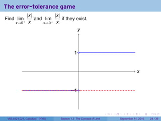 The error-tolerance game
                |x|          |x|
Find lim+           and lim      if they exist.
       x→0       x     x→0 − x


                                               y
                                               .



                                            . .
                                            1


                                                .                                         x
                                                                                          .


                                         . 1.
                                         −



                                                                     .   .     .      .       .   .

 V63.0121.021, Calculus I (NYU)   Section 1.3 The Concept of Limit           September 14, 2010   24 / 39
 