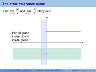 The error-tolerance game
                |x|          |x|
Find lim+           and lim      if they exist.
       x→0       x     x→0 − x


                                               y
                                               .



          .
          Part of graph                     . .
                                            1
          inside blue is
          inside green
                                                .                                         x
                                                                                          .


                                         . 1.
                                         −



                                                                     .   .     .      .       .   .

 V63.0121.021, Calculus I (NYU)   Section 1.3 The Concept of Limit           September 14, 2010   24 / 39
 