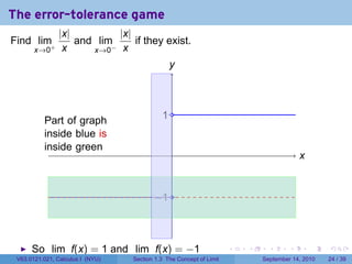 The error-tolerance game
                |x|          |x|
Find lim+           and lim      if they exist.
       x→0       x     x→0 − x


                                              y
                                              .



          .
          Part of graph                      . .
                                             1
          inside blue is
          inside green
                                               .                                         x
                                                                                         .


                                       . 1.
                                       −



      So lim f(x) = 1 and lim f(x) = −1                             .   .     .      .       .   .

           x→0+
 V63.0121.021, Calculus I (NYU)   x→0− 1.3
                                   Section   The Concept of Limit           September 14, 2010   24 / 39
 