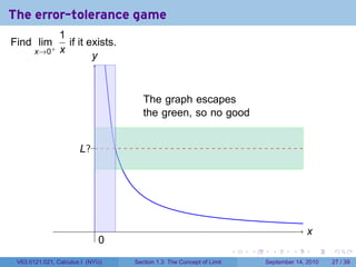 The error-tolerance game
                1
Find lim+         if it exists.
       x→0      x
                         y
                         .


                                       .
                                       The graph escapes
                                       the green, so no good


                       .?.
                       L




                            .                                                                x
                                                                                             .
                                0
                                .
                                                                       .   .     .      .        .   .

 V63.0121.021, Calculus I (NYU)     Section 1.3 The Concept of Limit           September 14, 2010    27 / 39
 