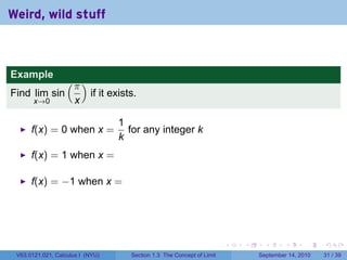 Weird, wild stuff



Example
                   (π )
Find lim sin               if it exists.
       x→0            x

                                  1
      f(x) = 0 when x =             for any integer k
                                  k
      f(x) = 1 when x =

      f(x) = −1 when x =




                                                                         .   .     .      .      .    .

 V63.0121.021, Calculus I (NYU)       Section 1.3 The Concept of Limit           September 14, 2010   31 / 39
 