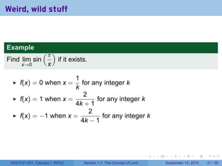 Weird, wild stuff



Example
                   (π )
Find lim sin               if it exists.
       x→0            x

                        1
      f(x) = 0 when x =   for any integer k
                        k
                           2
      f(x) = 1 when x =         for any integer k
                        4k + 1
                             2
      f(x) = −1 when x =          for any integer k
                          4k − 1




                                                                         .   .     .      .      .    .

 V63.0121.021, Calculus I (NYU)       Section 1.3 The Concept of Limit           September 14, 2010   31 / 39
 