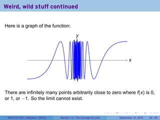 Weird, wild stuff continued

Here is a graph of the function:
                                              y
                                              .
                                            . .
                                            1


                                               .                                    x
                                                                                    .


                                         . 1.
                                         −

There are infinitely many points arbitrarily close to zero where f(x) is 0,
or 1, or −1. So the limit cannot exist.

                                                                     .   .     .        .    .    .

 V63.0121.021, Calculus I (NYU)   Section 1.3 The Concept of Limit           September 14, 2010   32 / 39
 