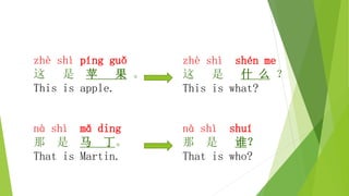 zhè shì píng guǒ
这 是 苹 果 。
This is apple.
nà shì mǎ ding
那 是 马 丁。
That is Martin.
zhè shì shén me
这 是 什 么 ？
This is what?
nà shì shuí
那 是 谁？
That is who?
 