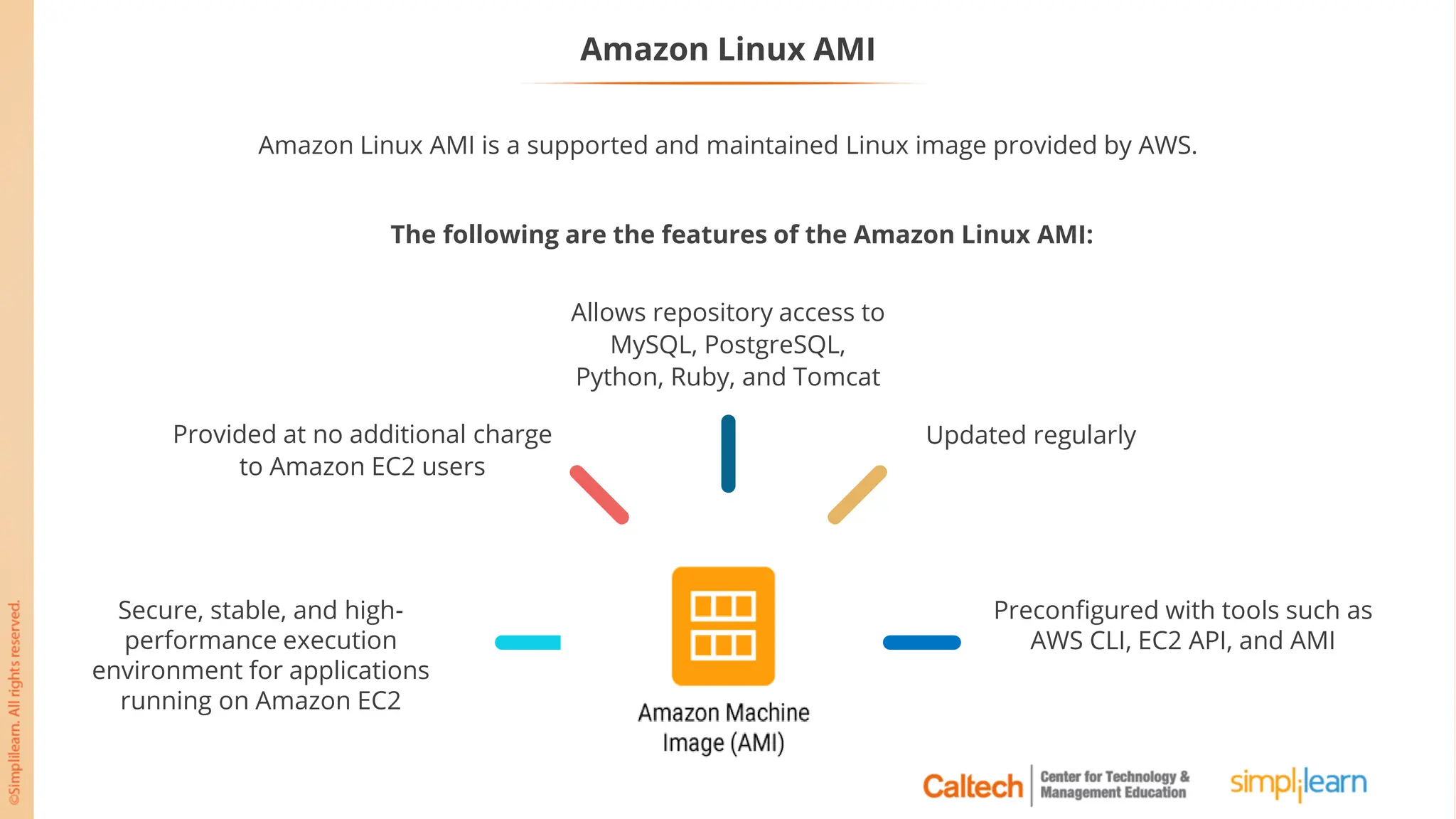 Amazon Linux AMI
Amazon Linux AMI is a supported and maintained Linux image provided by AWS.
Preconfigured with tools such as
AWS CLI, EC2 API, and AMI
Updated regularly
Allows repository access to
MySQL, PostgreSQL,
Python, Ruby, and Tomcat
Provided at no additional charge
to Amazon EC2 users
Secure, stable, and high-
performance execution
environment for applications
running on Amazon EC2
The following are the features of the Amazon Linux AMI:
 