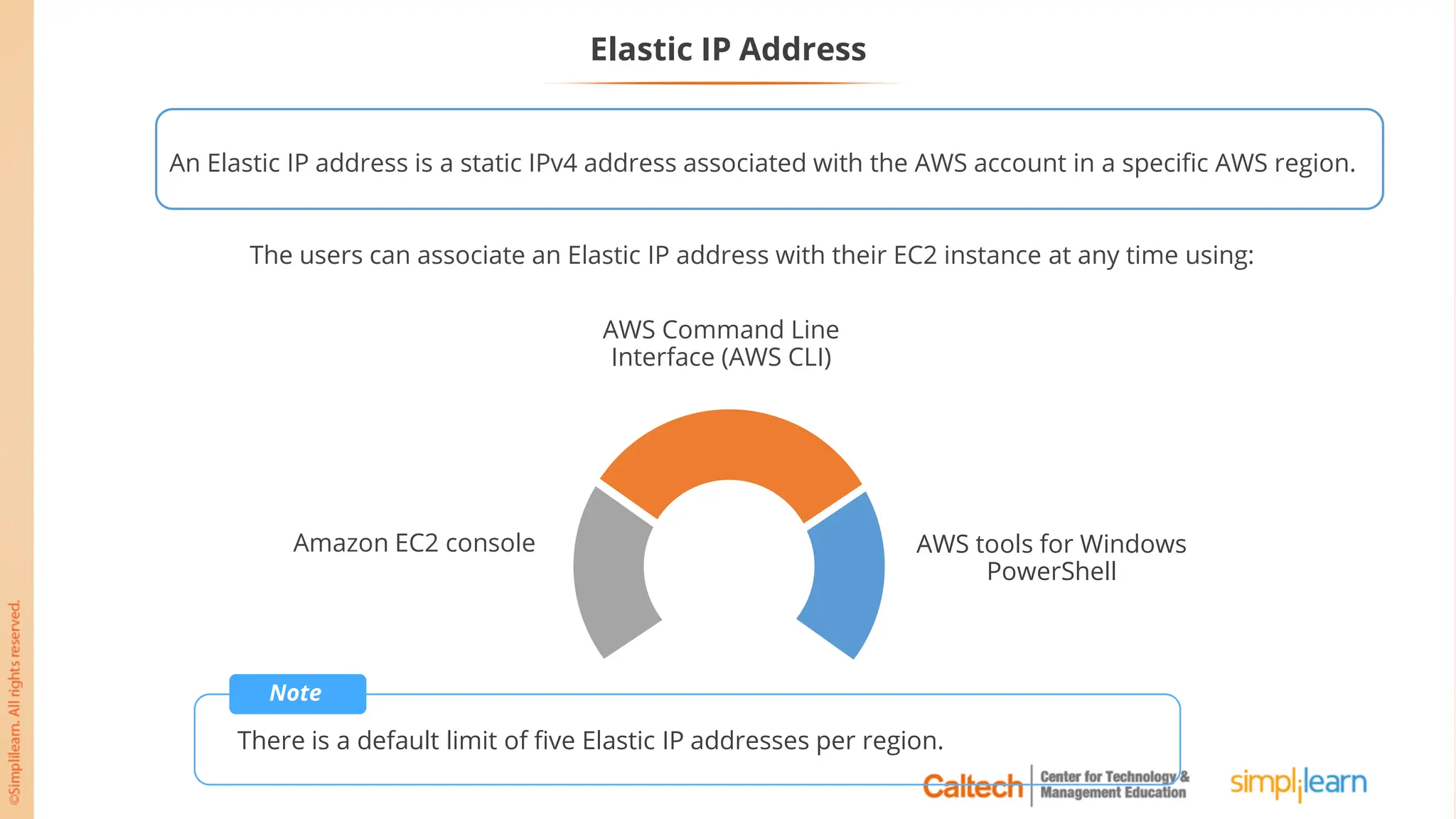 Elastic IP Address
An Elastic IP address is a static IPv4 address associated with the AWS account in a specific AWS region.
The users can associate an Elastic IP address with their EC2 instance at any time using:
AWS tools for Windows
PowerShell
Amazon EC2 console
AWS Command Line
Interface (AWS CLI)
Note
There is a default limit of five Elastic IP addresses per region.
 