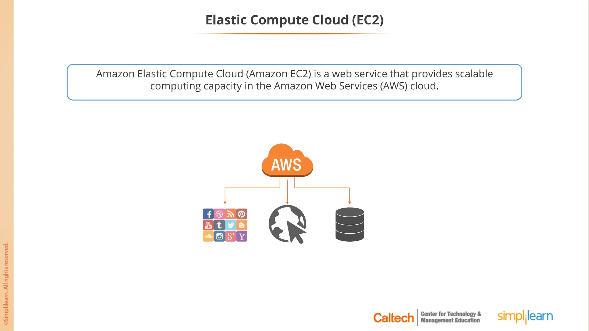 Elastic Compute Cloud (EC2)
Amazon Elastic Compute Cloud (Amazon EC2) is a web service that provides scalable
computing capacity in the Amazon Web Services (AWS) cloud.
 