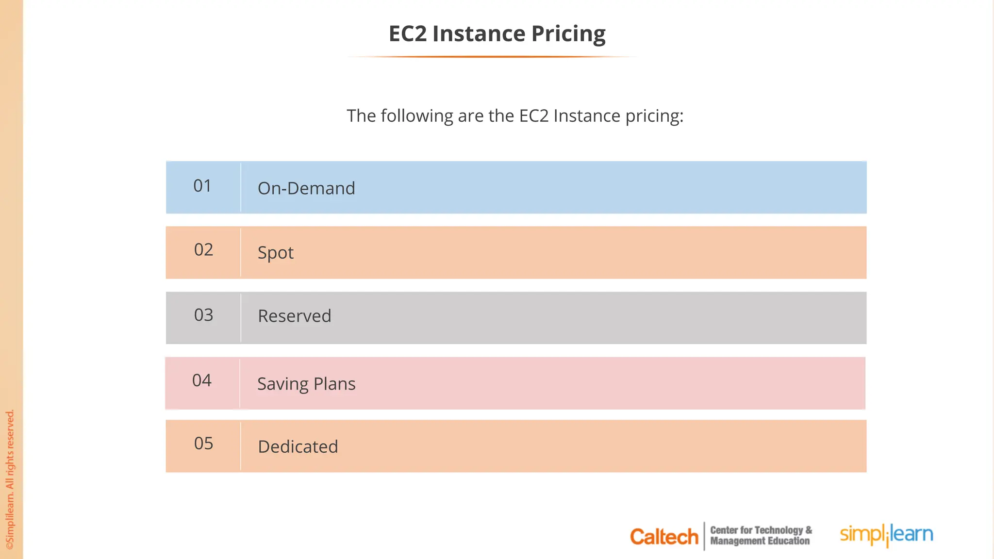 EC2 Instance Pricing
On-Demand
01
Spot
02
Reserved
03
Saving Plans
04
Dedicated
05
The following are the EC2 Instance pricing:
 