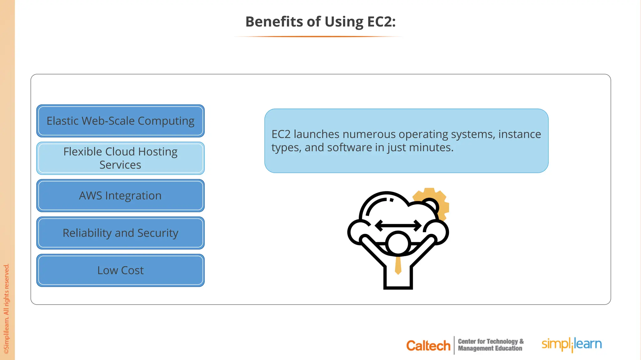 Elastic Web-Scale Computing
Flexible Cloud Hosting
Services
AWS Integration
Reliability and Security
Low Cost
Flexible Cloud Hosting
Services
EC2 launches numerous operating systems, instance
types, and software in just minutes.
Benefits of Using EC2:
 