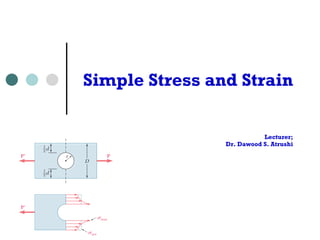 Simple Stress and Strain
Lecturer;
Dr. Dawood S. Atrushi
PP'
P'
r
D
d
1
2
d
1
2
␴max
␴ave
November 2014
 