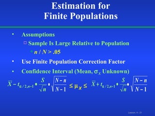 Assumptions Sample Is Large Relative to Population n  /  N  > .05 Use Finite Population Correction Factor Confidence Interval (Mean,   X  Unknown) X    Estimation for Finite Populations 