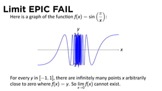 Limit EPIC FAIL                              (π )
 Here is a graph of the func on f(x) = sin          :
                                              x
                                     y
                                 1

                                     .                   x


                               −1

 For every y in [−1, 1], there are inﬁnitely many points x arbitrarily
 close to zero where f(x) = y. So lim f(x) cannot exist.
                                     x→0
 