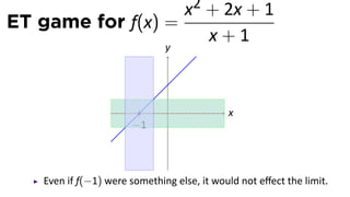x2 + 2x + 1
ET game for f(x) =
                      x+1
                               y




                               .             x
                       −1




    Even if f(−1) were something else, it would not eﬀect the limit.
 