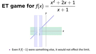 x2 + 2x + 1
ET game for f(x) =
                      x+1
                               y




                               .             x
                       −1




    Even if f(−1) were something else, it would not eﬀect the limit.
 