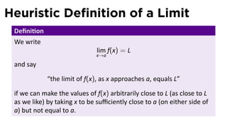 Heuristic Deﬁnition of a Limit
 Deﬁni on
 We write
                               lim f(x) = L
                               x→a
 and say

             “the limit of f(x), as x approaches a, equals L”

 if we can make the values of f(x) arbitrarily close to L (as close to L
 as we like) by taking x to be suﬃciently close to a (on either side of
 a) but not equal to a.
 