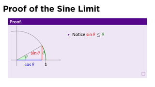 Proof of the Sine Limit
 Proof.

                            No ce sin θ ≤ θ


              sin θ θ
    .     θ
          cos θ         1
 