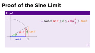 Proof of the Sine Limit
 Proof.
                                                        θ
                              No ce sin θ ≤ θ ≤ 2 tan     ≤ tan θ
                                                        2


              sin θ θ tan θ
    .     θ
          cos θ     1
 