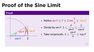 Proof of the Sine Limit
 Proof.
                                                         θ
                              No ce sin θ ≤ θ ≤ 2 tan      ≤ tan θ
                                                         2
                                                     θ        1
                              Divide by sin θ: 1 ≤        ≤
                                                   sin θ    cos θ
              sin θ θ tan θ                          sin θ
    .     θ                   Take reciprocals: 1 ≥        ≥ cos θ
                                                       θ
          cos θ     1
 