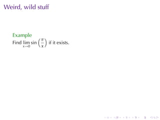 Weird, wild	stuff



   Example        (π )
   Find lim sin          if	it	exists.
        x→0        x




                                         .   .   .   .   .   .
 