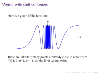 Weird, wild	stuff	continued

   Here	is	a	graph	of	the	function:
                                   y
                                   .
                                 . .
                                 1


                                      .                     x
                                                            .


                               . 1.
                               −

   There	are	inﬁnitely	many	points	arbitrarily	close	to	zero	where
   f(x) is 0, or 1, or −1. So	the	limit	cannot	exist.


                                               .    .   .       .   .   .
 