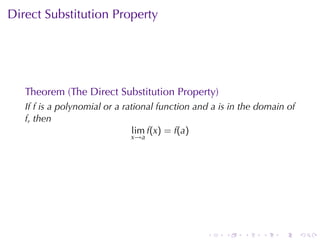 Direct	Substitution	Property




   Theorem	(The	Direct	Substitution	Property)
   If f is	a	polynomial	or	a	rational	function	and a is	in	the	domain	of
   f, then
                               lim f(x) = f(a)
                              x→a




                                                 .    .    .   .    .      .
 