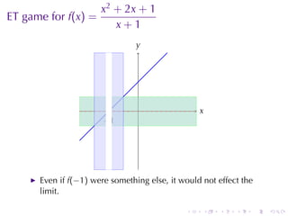 x2 + 2x + 1
ET game	for f(x) =
                      x+1
                                y
                                .




                         .      .                x
                                                 .
                       −
                       . 1




      Even	if f(−1) were	something	else, it	would	not	effect	the
      limit.

                                             .    .    .   .       .   .
 