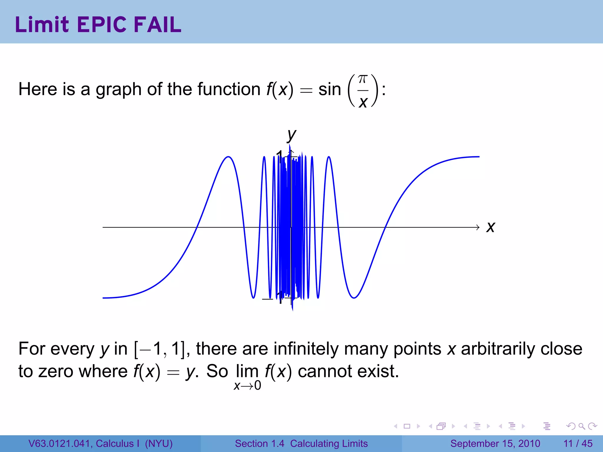 Limit EPIC FAIL
                                                          (π )
Here is a graph of the function f(x) = sin                         :
                                                             x
                                            y
                                            .
                                          . .
                                          1


                                              .                                       x
                                                                                      .


                                       . 1.
                                       −

For every y in [−1, 1], there are infinitely many points x arbitrarily close
to zero where f(x) = y. So lim f(x) cannot exist.
                                  x→0


                                                                       .   .    .         .   .     .

 V63.0121.041, Calculus I (NYU)   Section 1.4 Calculating Limits               September 15, 2010   11 / 45
 
