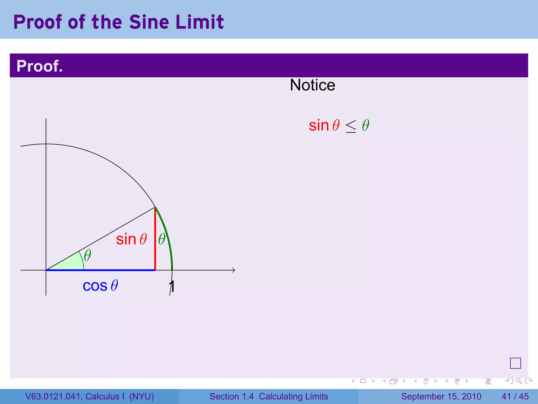 Proof of the Sine Limit

Proof.
                                                          Notice

                                                               sin θ ≤ θ




                      . in θ .
                      s      θ
              .
              θ
     .
              c
              . os θ              1
                                  .




                                                                       .   .     .      .      .    .

 V63.0121.041, Calculus I (NYU)       Section 1.4 Calculating Limits           September 15, 2010   41 / 45
 