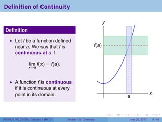 Definition of Continuity

                                                                    y
                                                                    .
 Definition

         Let f be a function defined
                                                             f
                                                             .(a)                   .
         near a. We say that f is
         continuous at a if

                    lim f(x) = f(a).
                   x→a



         A function f is continuous
         if it is continuous at every
                                                                    .                                  x
                                                                                                       .
         point in its domain.                                                       a
                                                                                    .


                                                                        .   .   .         .      .     .

V63.0121.002.2010Su, Calculus I (NYU)   Section 1.5 Continuity                          May 20, 2010       9 / 46
 
