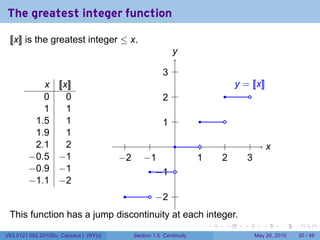 The greatest integer function

 [[x]] is the greatest integer ≤ x.
                                                              y
                                                              .

                                                          . .
                                                          3
           x        [[x]]                                                              y
                                                                                       . = [[x]]
           0           0                                  . .
                                                          2                       .       .
           1           1
         1.5           1                                  . .
                                                          1             .         .
         1.9           1
         2.1           2                  .         .    .               .         .           .          x
                                                                                                          .
        −0.5        −1                  −
                                        . 2       −
                                                  . 1                  1
                                                                       .         2
                                                                                 .           3
                                                                                             .
        −0.9        −1                              .. 1 .
                                                      −
        −1.1        −2
                                         .          .. 2 .
                                                     −
 This function has a jump discontinuity at each integer.
                                                                             .    .      .            .       .   .

V63.0121.002.2010Su, Calculus I (NYU)         Section 1.5 Continuity                               May 20, 2010   30 / 46
 