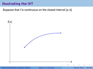 Illustrating the IVT
 Suppose that f is continuous on the closed interval [a, b]



        f
        .(x)


                                                                     .




                              .




           .                                                                 x
                                                                             .
                                                                 .       .   .      .      .    .

V63.0121.002.2010Su, Calculus I (NYU)   Section 1.5 Continuity                   May 20, 2010   33 / 46
 