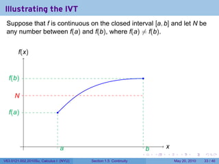 Illustrating the IVT
 Suppose that f is continuous on the closed interval [a, b] and let N be
 any number between f(a) and f(b), where f(a) ̸= f(b).


        f
        .(x)


  f
  .(b)                                                               .

      N
      .

  f
  .(a)                        .




           .                                                                     x
                                                                                 .
                                  a
                                  .                                      b
                                                                         .
                                                                 .           .   .      .      .    .

V63.0121.002.2010Su, Calculus I (NYU)   Section 1.5 Continuity                       May 20, 2010   33 / 46
 