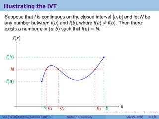 Illustrating the IVT
 Suppose that f is continuous on the closed interval [a, b] and let N be
 any number between f(a) and f(b), where f(a) ̸= f(b). Then there
 exists a number c in (a, b) such that f(c) = N.
        f
        .(x)


  f
  .(b)                                                                               .

      N
      .                            .     .                                 .

  f
  .(a)                        .




           .                                                                                 x
                                                                                             .
                                  ac
                                  . .1       c
                                             .2                                c b
                                                                               .3 .
                                                                                 .       .   .      .      .    .

V63.0121.002.2010Su, Calculus I (NYU)             Section 1.5 Continuity                         May 20, 2010   33 / 46
 