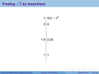 √
Finding               2 by bisections


                                           . .(x) = x2
                                           x f

                                          . ..
                                          2 4




                                        . .5 . . .25
                                        1      2




                                          . ..
                                          1 1



                                                                 .   .   .      .      .    .

V63.0121.002.2010Su, Calculus I (NYU)   Section 1.5 Continuity               May 20, 2010   36 / 46
 
