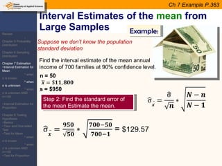 Interval Estimates of the  mean  from Large Samples Suppose we don’t know the population standard deviation Example: Find the interval estimate of the mean annual income of 700 families at 90% confidence level. Step 2: Find the standard error of the mean Estimate the mean.  Ch 7 Example P.363 Review: -Chapter 5 Probability Distribution -Chapter 6 Sampling Distribution Chapter 7 Estimation ~Interval Estimation for Mean * when  σ  is known * when  σ  is unknown * when  σ  is unknown AND n=<30 ~Interval Estimation for Proportion Chapter 8 Testing Hypothesis ~Basics ~Two- and One-tailed Test ~Test for Mean * when  σ  is known * when  σ  is unknown AND n=<30 ~Test for Proportion 