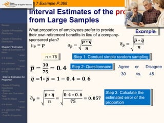 Interval Estimates of the  proportion  from Large Samples Example: What proportion of employees prefer to provide their own retirement benefits in lieu of a company-sponsored plan? n = 75 Step 1: Conduct simple random sampling Step 2: Questionnaire Agree  or  Disagree 30  vs.  45 Step 3: Calculate the estimated error of the proportion Ch 7 Example P.368 Review: -Chapter 5 Probability Distribution -Chapter 6 Sampling Distribution Chapter 7 Estimation ~Interval Estimation for Mean * when  σ  is known * when  σ  is unknown * when  σ  is unknown AND n=<30 ~Interval Estimation for Proportion Chapter 8 Testing Hypothesis ~Basics ~Two- and One-tailed Test ~Test for Mean * when  σ  is known * when  σ  is unknown AND n=<30 ~Test for Proportion 