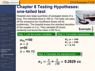 Chapter 8 Testing Hypotheses: one-tailed test Ch 8 Example P.419 Hospital uses large quantities of packaged doses of a drug. The individual dose is 100 cc. The body can pass off the excessive but insufficient doses will be problematic. The hospital knows the standard deviation of the supplier is 2 cc. They sampled 50 doses randomly and found the mean is 99.75 cc.  Example: Step 1: List the known variables Step 2: Formulate Hypotheses Step 3: Calculate the standard error Review: -Chapter 5 Probability Distribution -Chapter 6 Sampling Distribution Chapter 7 Estimation ~Interval Estimation for Mean * when  σ  is known * when  σ  is unknown * when  σ  is unknown AND n=<30 ~Interval Estimation for Proportion Chapter 8 Testing Hypothesis ~Basics ~Two- and One-tailed Test ~Test for Mean * when  σ  is known * when  σ  is unknwn AND n=<30 ~Test for Proportion 