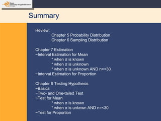 Summary Review: Chapter 5 Probability Distribution Chapter 6 Sampling Distribution Chapter 7 Estimation ~Interval Estimation for Mean * when  σ  is known * when  σ  is unknown * when  σ  is unknown AND n=<30 ~Interval Estimation for Proportion Chapter 8 Testing Hypothesis ~Basics ~Two- and One-tailed Test ~Test for Mean * when  σ  is known * when  σ  is unknwn AND n=<30 ~Test for Proportion 