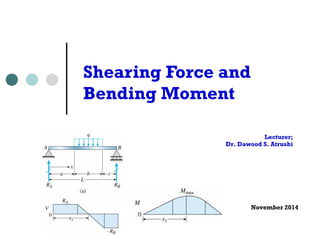 Lecturer; 
Dr. Dawood S. Atrushi 
November 2014 
Shearing Force and 
Bending Moment 
M = RA x 
RA - P1 
P1 (x - a1) 
RA - P1 )(a2 - a1) 
that point 
bending 
simple beam 
a < x < a + b 
V = RA - q (x - a) 
M = RA 
x - q (x - a)2 / 2 
 