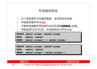 外连接的语法

       •   为了看到那些不匹配的数据，必须使用外连接.
       •   外连接的操作符为 (+).
                    (+).
       •   不能把连接操作符(+)同时运用在两端(99SQL支持).
       •   等值连接"丢失"记录，外连接则显示所有记录.
       SELECT table1.column, table2.column
       SELECT table1.column, table2.column
       FROM
       FROM   table1, table2
              table1, table2
       WHERE table1.column(+) = table2.column;
       WHERE table1.column(+) = table2.column;
              table1.column(+)
               table1.column(+)

       SELECT
       SELECT   table1.column, table2.column
                table1.column, table2.column
       FROM
       FROM     table1, table2
                table1, table2
       WHERE
       WHERE    table1.column = table2.column(+);
                table1.column = table2.column(+) ;
                                             (+);
                                table2.column(+)
                                 table2.column(+)
                                              (+);




5-18        Copyright © 2012, http://OracleOnLinux.cn. Part rights reserved.
 