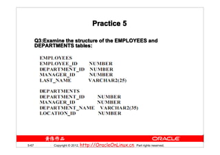 Practice 5

       Q3:Examine the structure of the EMPLOYEES and
       Q3:Examine
       DEPARTMENTS tables:




5-67          Copyright © 2012, http://OracleOnLinux.cn. Part rights reserved.
 