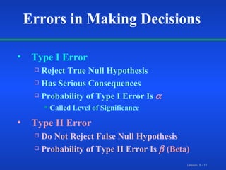 Type I Error Reject True Null Hypothesis Has Serious Consequences Probability of Type I Error Is    Called   Level of Significance Type II Error Do Not Reject False Null Hypothesis Probability of Type II Error Is     (Beta) Errors in Making Decisions 
