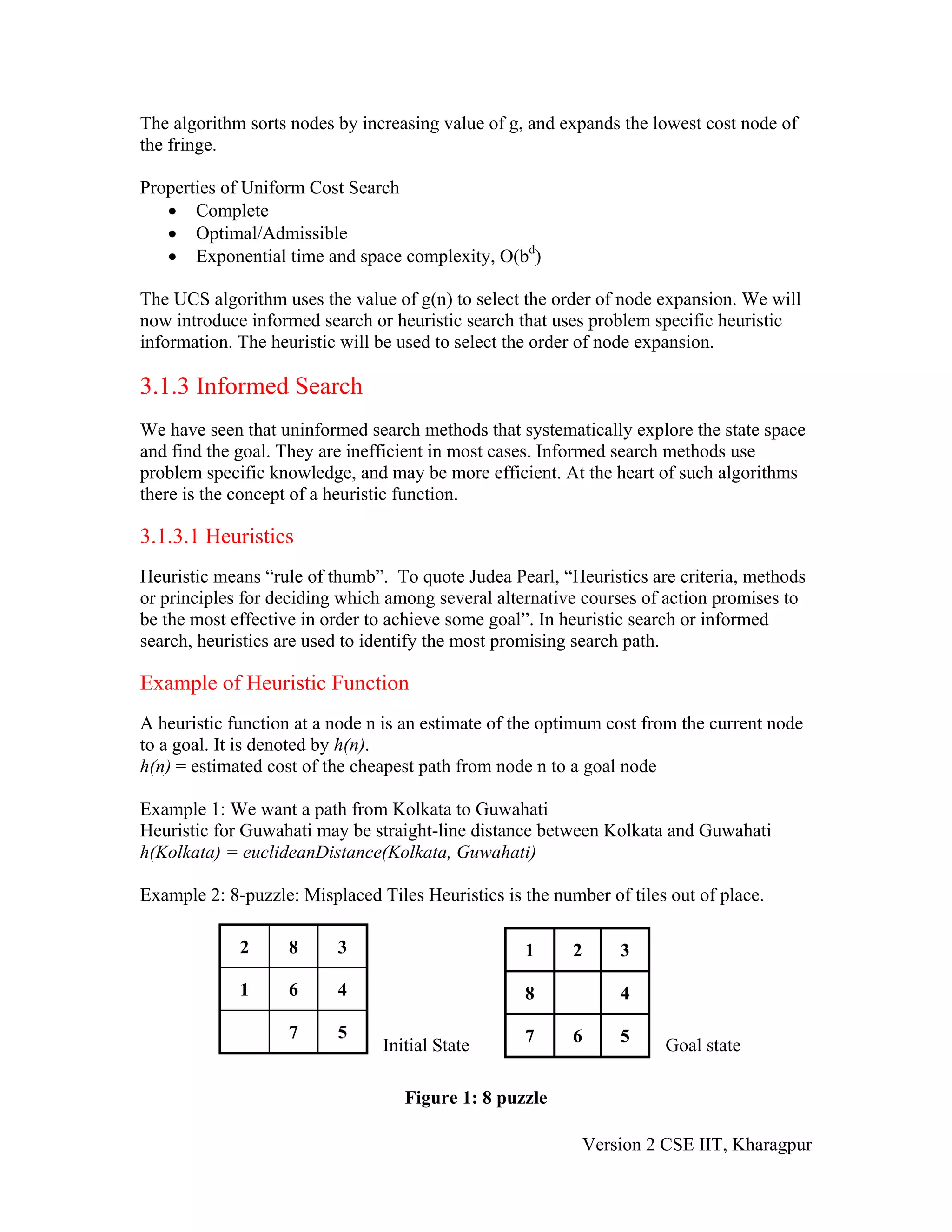 The algorithm sorts nodes by increasing value of g, and expands the lowest cost node of
the fringe.

Properties of Uniform Cost Search
   • Complete
   • Optimal/Admissible
   • Exponential time and space complexity, O(bd)

The UCS algorithm uses the value of g(n) to select the order of node expansion. We will
now introduce informed search or heuristic search that uses problem specific heuristic
information. The heuristic will be used to select the order of node expansion.

3.1.3 Informed Search
We have seen that uninformed search methods that systematically explore the state space
and find the goal. They are inefficient in most cases. Informed search methods use
problem specific knowledge, and may be more efficient. At the heart of such algorithms
there is the concept of a heuristic function.

3.1.3.1 Heuristics
Heuristic means “rule of thumb”. To quote Judea Pearl, “Heuristics are criteria, methods
or principles for deciding which among several alternative courses of action promises to
be the most effective in order to achieve some goal”. In heuristic search or informed
search, heuristics are used to identify the most promising search path.

Example of Heuristic Function
A heuristic function at a node n is an estimate of the optimum cost from the current node
to a goal. It is denoted by h(n).
h(n) = estimated cost of the cheapest path from node n to a goal node

Example 1: We want a path from Kolkata to Guwahati
Heuristic for Guwahati may be straight-line distance between Kolkata and Guwahati
h(Kolkata) = euclideanDistance(Kolkata, Guwahati)

Example 2: 8-puzzle: Misplaced Tiles Heuristics is the number of tiles out of place.

             2      8     3                        1      2     3

             1      6     4                        8            4

                    7     5                        7      6     5
                                Initial State                         Goal state

                                   Figure 1: 8 puzzle

                                                           Version 2 CSE IIT, Kharagpur
 