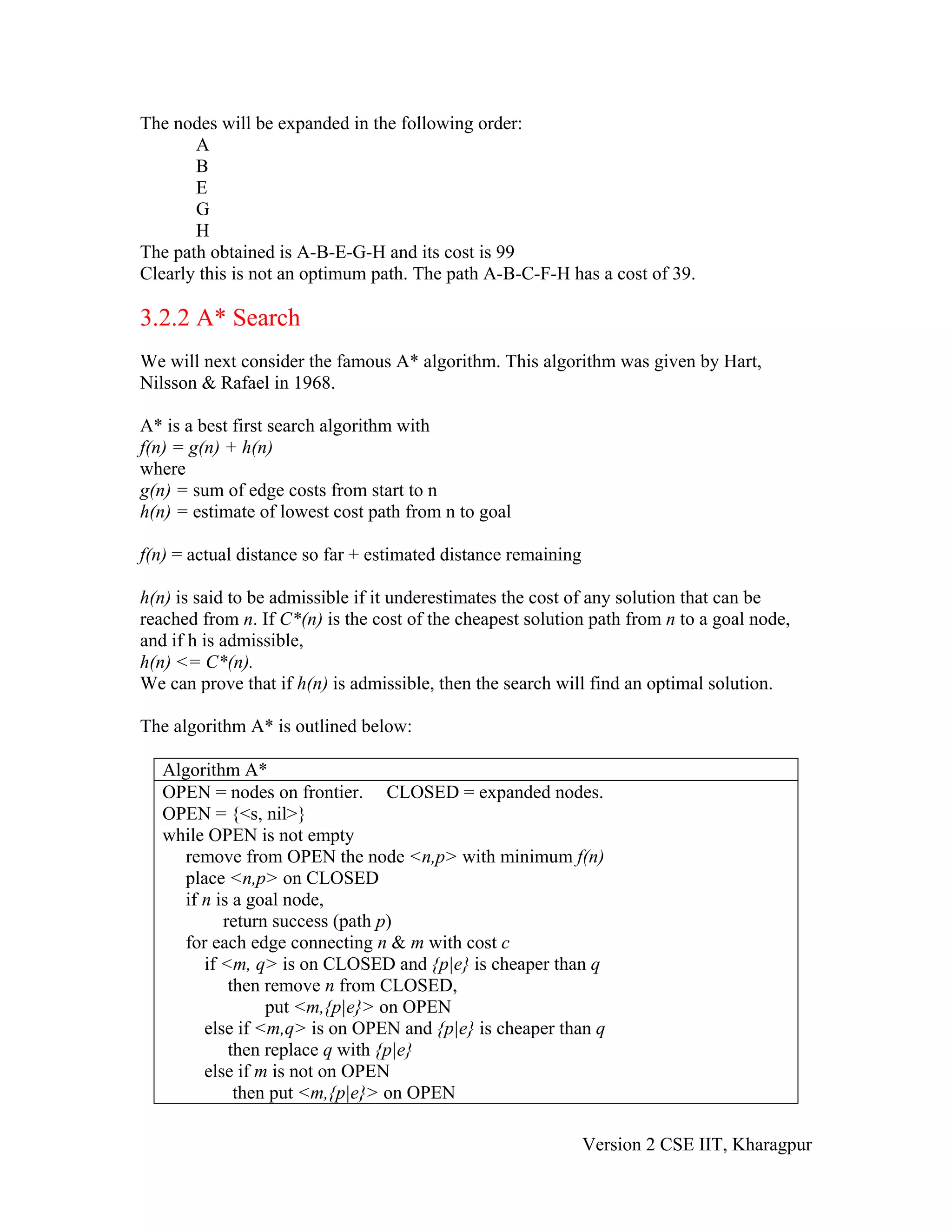 The nodes will be expanded in the following order:
       A
       B
       E
       G
       H
The path obtained is A-B-E-G-H and its cost is 99
Clearly this is not an optimum path. The path A-B-C-F-H has a cost of 39.

3.2.2 A* Search
We will next consider the famous A* algorithm. This algorithm was given by Hart,
Nilsson & Rafael in 1968.

A* is a best first search algorithm with
f(n) = g(n) + h(n)
where
g(n) = sum of edge costs from start to n
h(n) = estimate of lowest cost path from n to goal

f(n) = actual distance so far + estimated distance remaining

h(n) is said to be admissible if it underestimates the cost of any solution that can be
reached from n. If C*(n) is the cost of the cheapest solution path from n to a goal node,
and if h is admissible,
h(n) <= C*(n).
We can prove that if h(n) is admissible, then the search will find an optimal solution.

The algorithm A* is outlined below:

   Algorithm A*
   OPEN = nodes on frontier. CLOSED = expanded nodes.
   OPEN = {<s, nil>}
   while OPEN is not empty
      remove from OPEN the node <n,p> with minimum f(n)
     place <n,p> on CLOSED
     if n is a goal node,
           return success (path p)
     for each edge connecting n & m with cost c
        if <m, q> is on CLOSED and {p|e} is cheaper than q
            then remove n from CLOSED,
                 put <m,{p|e}> on OPEN
        else if <m,q> is on OPEN and {p|e} is cheaper than q
            then replace q with {p|e}
        else if m is not on OPEN
             then put <m,{p|e}> on OPEN

                                                               Version 2 CSE IIT, Kharagpur
 