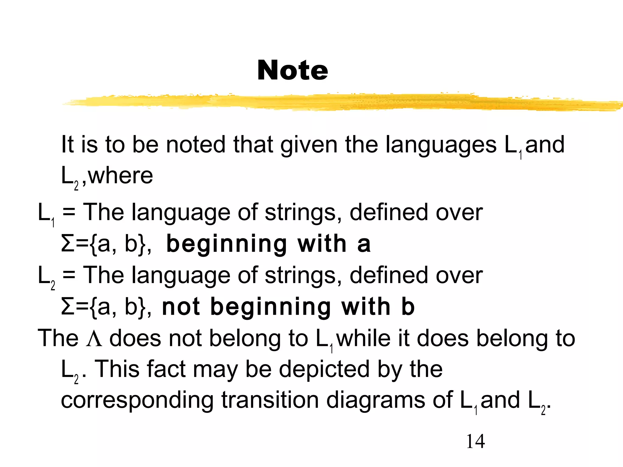14
Note
It is to be noted that given the languages L1
and
L2
,where
L1
= The language of strings, defined over
Σ={a, b}, beginning with a
L2
= The language of strings, defined over
Σ={a, b}, not beginning with b
The Λ does not belong to L1
while it does belong to
L2
. This fact may be depicted by the
corresponding transition diagrams of L1
and L2
.
 