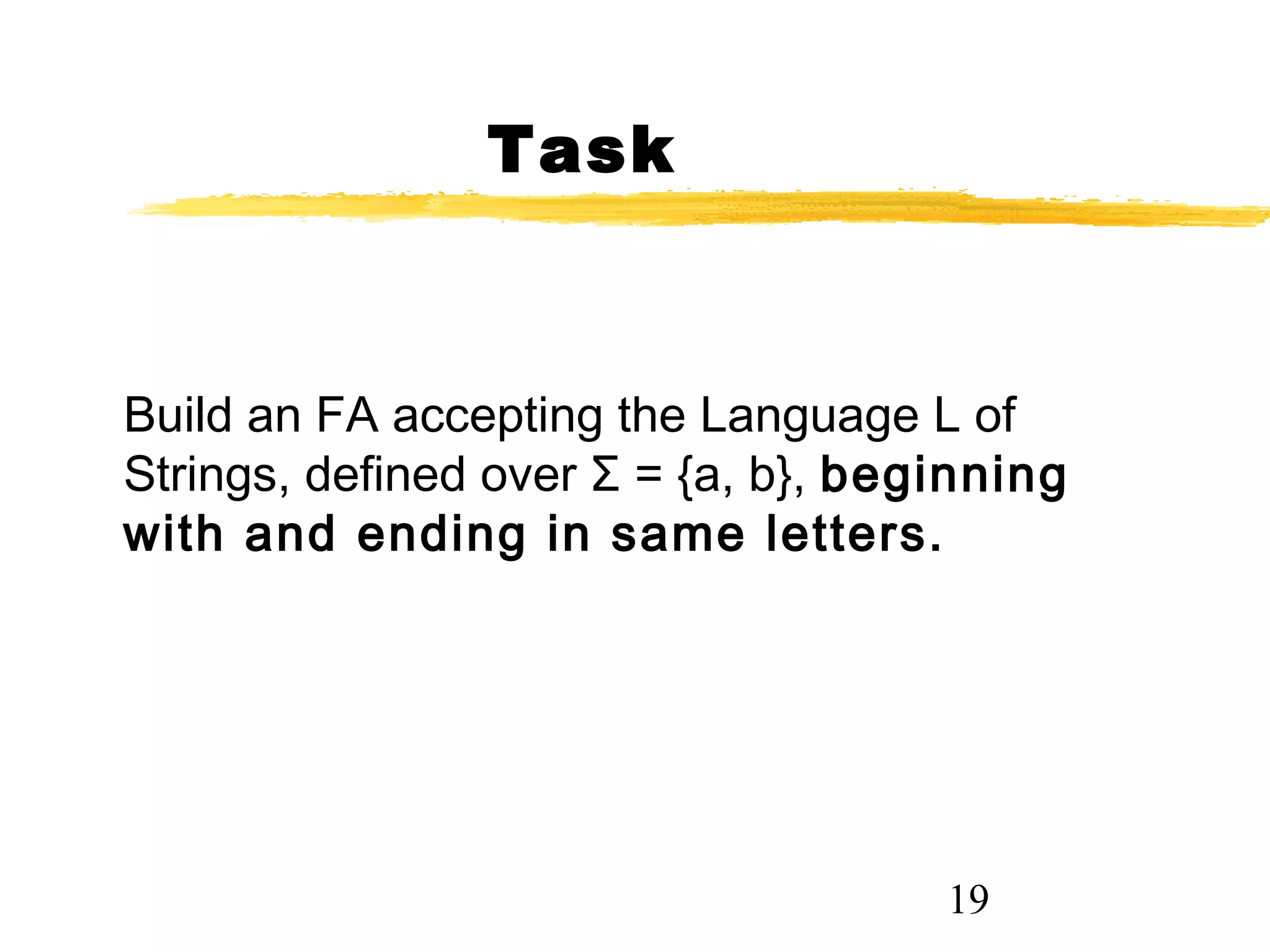 19
Task
Build an FA accepting the Language L of
Strings, defined over Σ = {a, b}, beginning
with and ending in same letters.
 